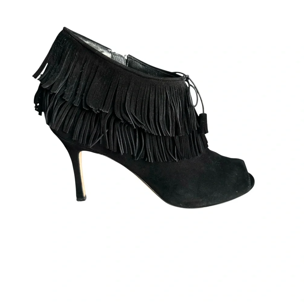 Manolo Blahnik Open Toe Heels Booties Black Suede Fringe